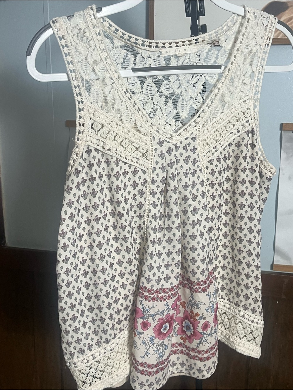 hint of mint Cream Lace-Yoke Tank with Pink & Blue Floral Border